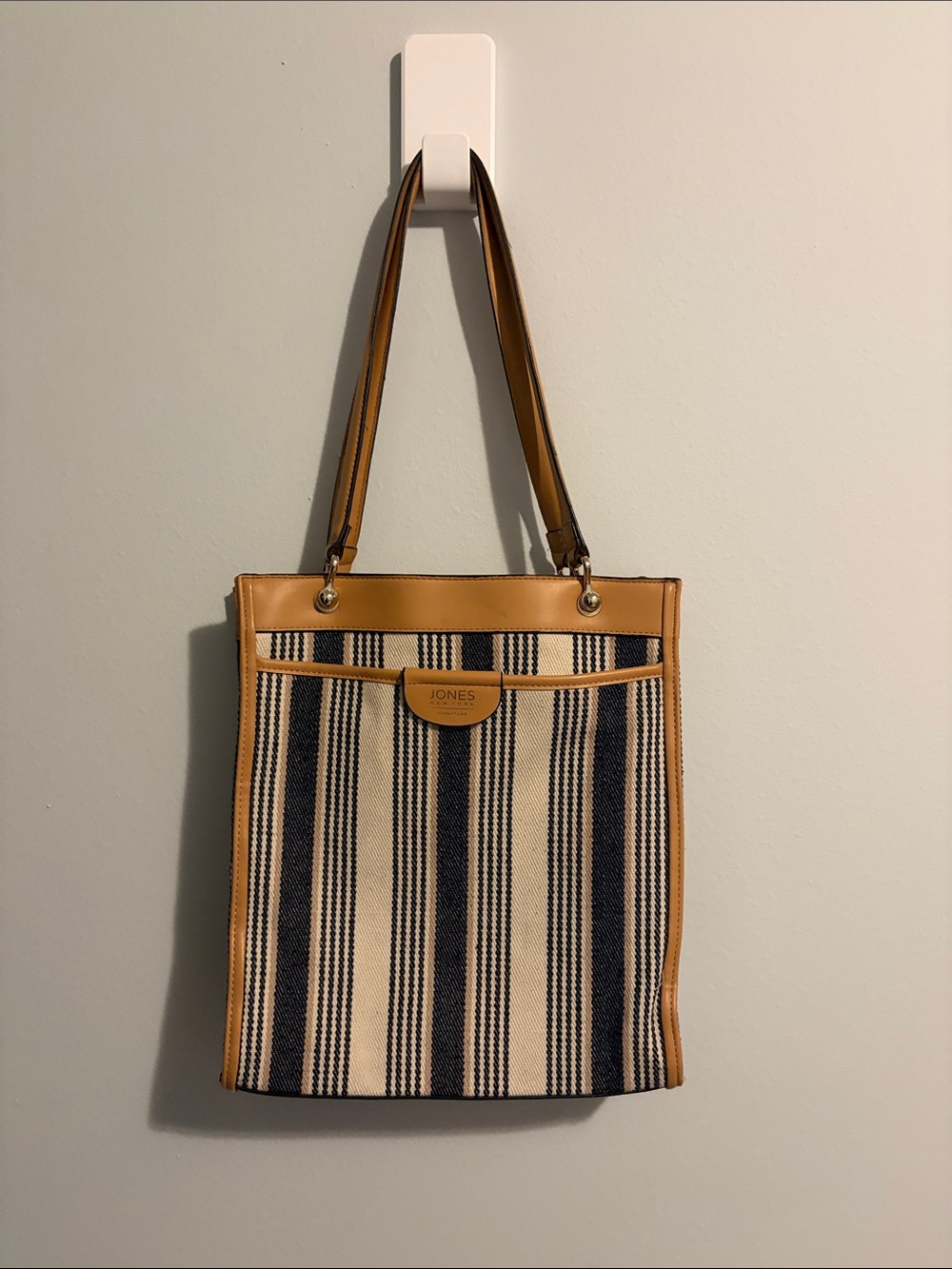 Vintage Jones New York Tan & Navy Striped Canvas Tote